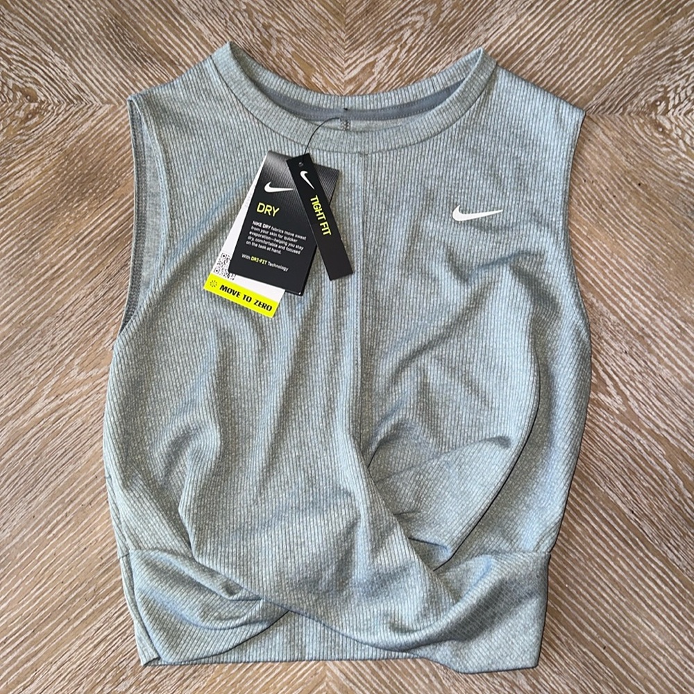 Nike DRI-FIT crop tank with twist tie front. Size S. Gray.